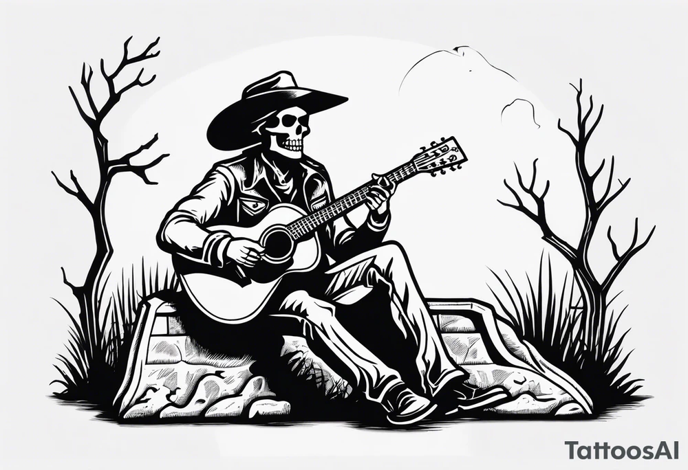 A skeleton with a cowboy hat on playing the guitar while sitting on a gravestone engraved with the words "Still Kickin'" and a pair of cowboy boots tattoo idea