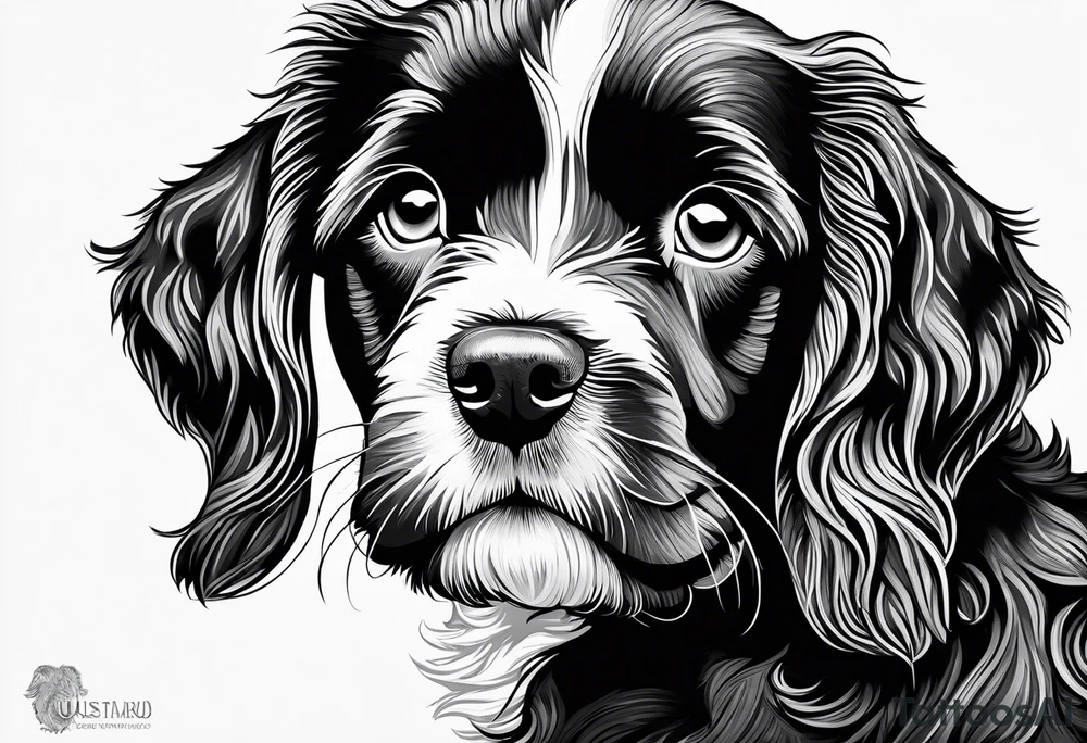 A cockapoo puppy’s head, facing straight and eyes soulful tattoo idea