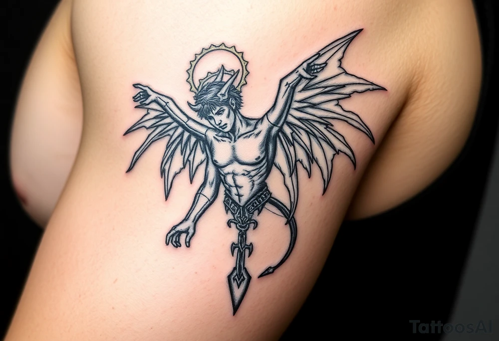 Lucifer’s fall to hell with his wings and halo fallen off tattoo idea