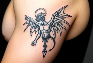 Lucifer’s fall to hell with his wings and halo fallen off tattoo idea