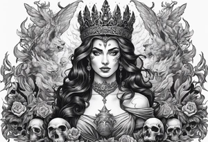 Hades wearing a black crown and Persephone in Hell surrounded by skulls and fire tattoo idea