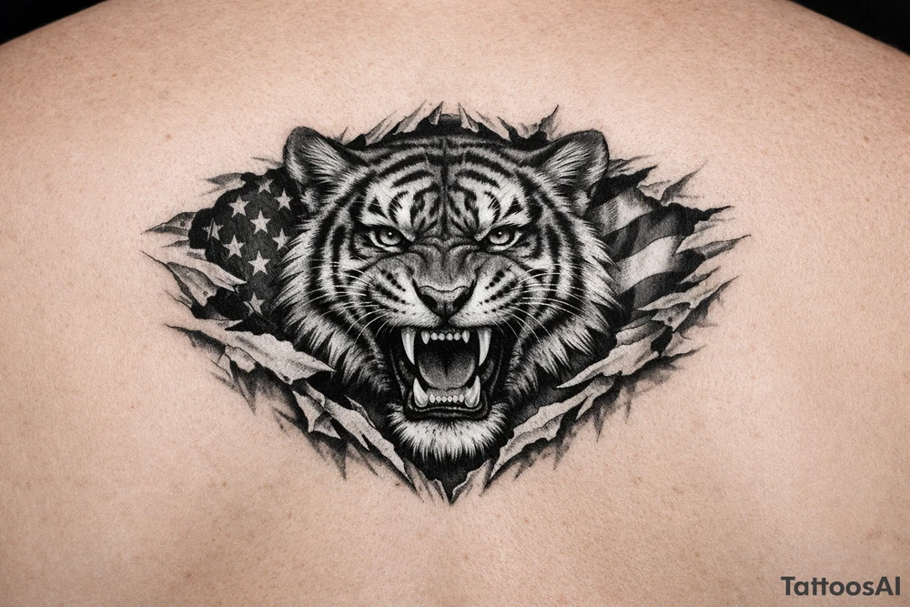 Tiger ripping throught the chest with the American Flag in the background.  Almost like the Amercian Flag is the blood of the body.  Make it bigger and add color.  The tiger should be more front.  So the ears are out from the body. tattoo idea