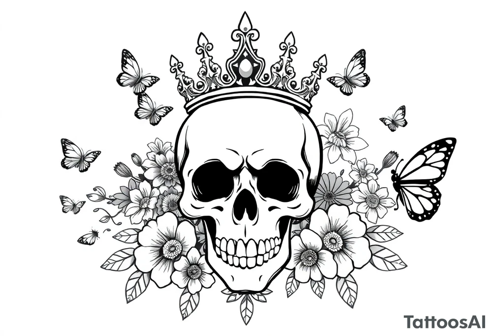 ornate skull adorned with gothic crown surrounded by boho flowers and butterflies tattoo idea