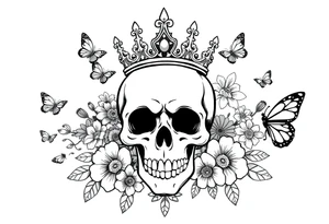 ornate skull adorned with gothic crown surrounded by boho flowers and butterflies tattoo idea