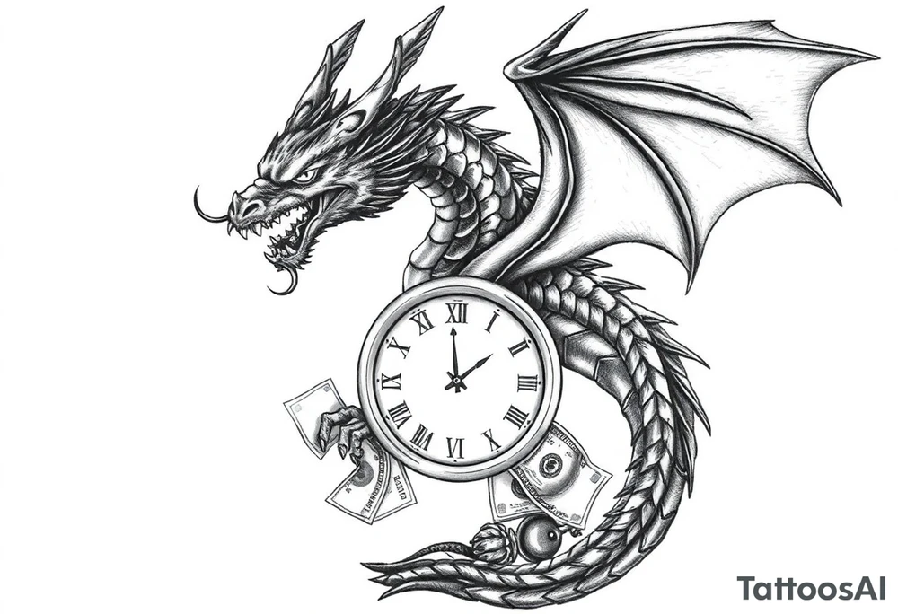 Dark dragon tattoo with clock and dollars on background tattoo idea