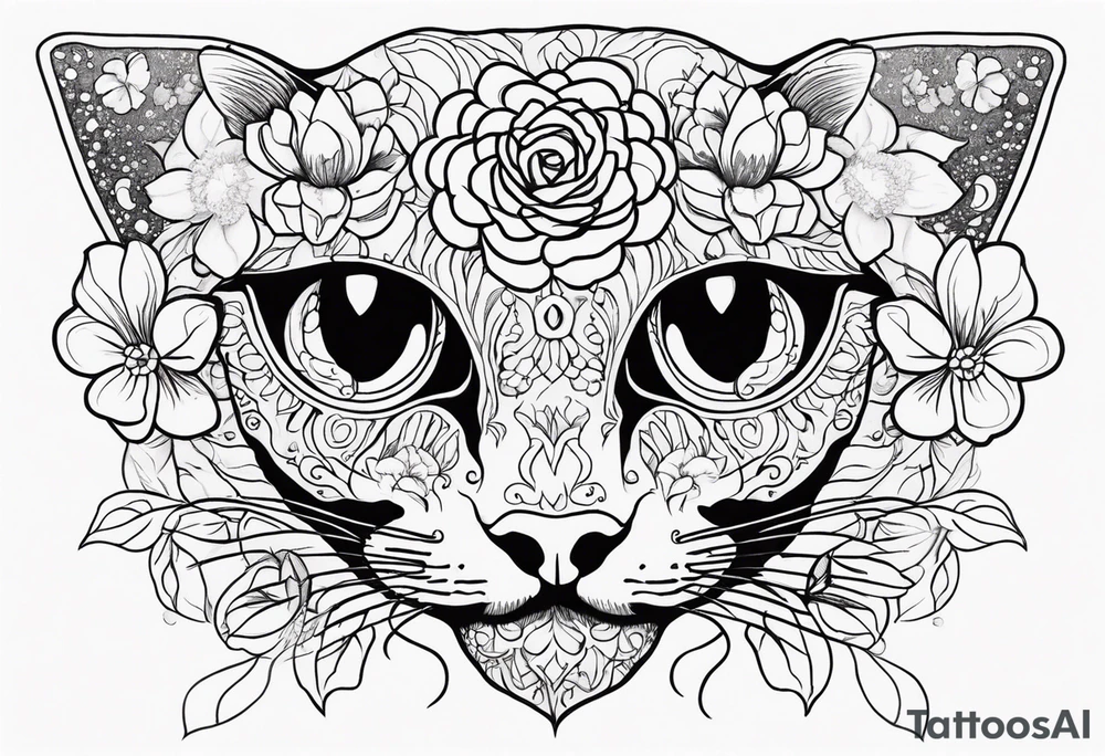 Cat skull with flowers coming out of eye holes tattoo idea