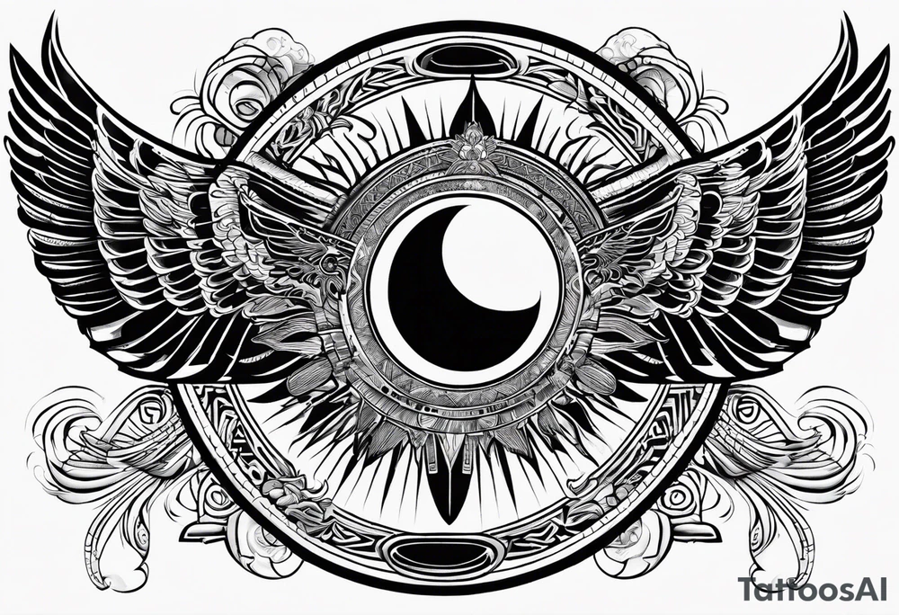 Egyptian winged sun hieroglyphics, solar eclipse, centered tattoo idea