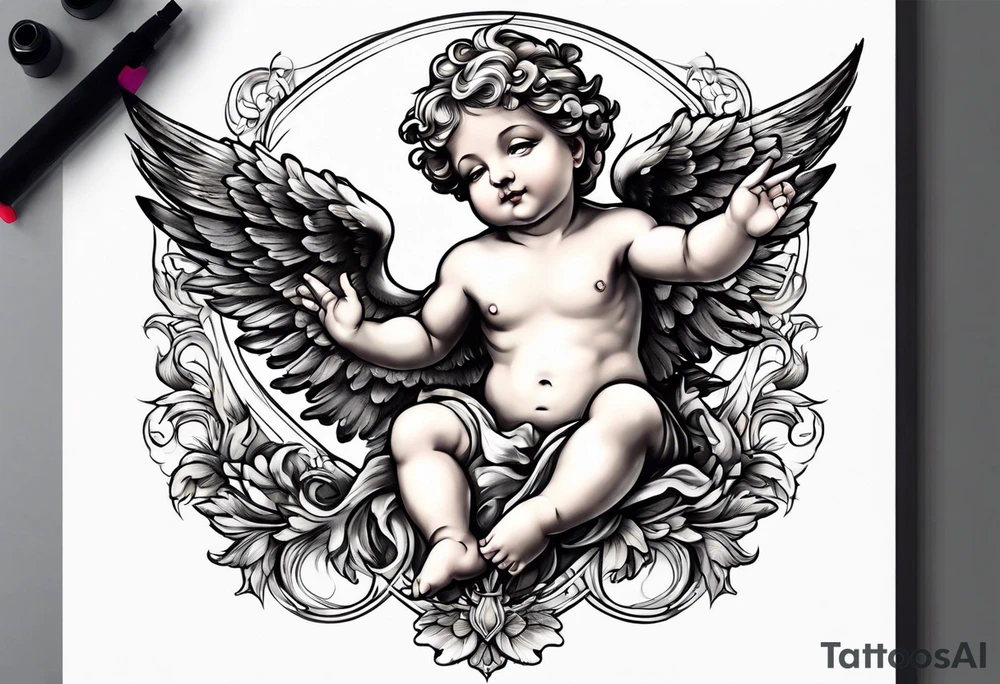 Flying Cherub renaissance style tattoo idea