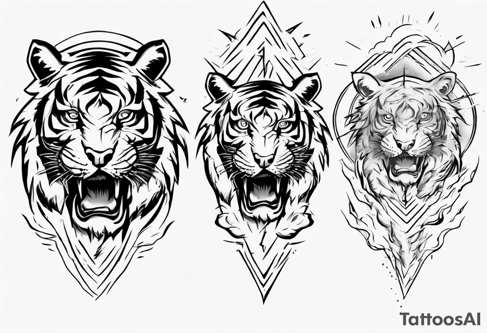 Tiger design with lightning and the sun for a forearm sleeve tattoo idea