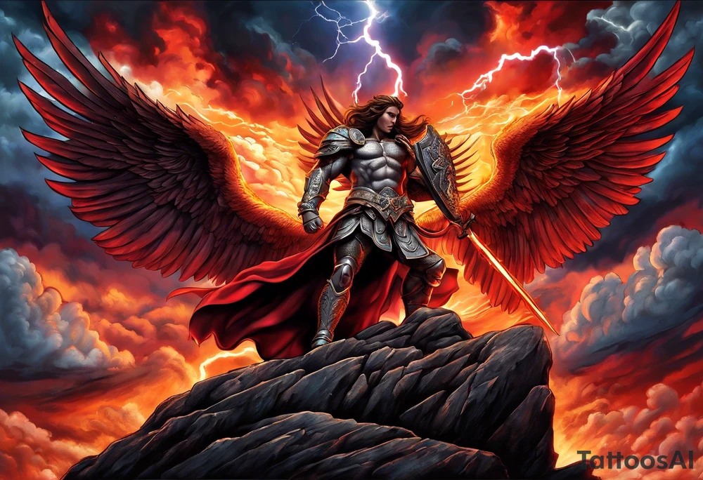 Michael the Archangel standing on top of satan laying on rock over hot lava.  Clouds and lightning in background. tattoo idea