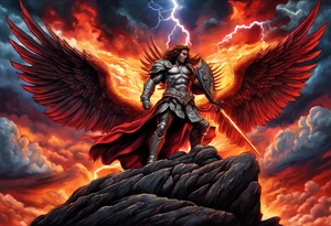 Michael the Archangel standing on top of satan laying on rock over hot lava.  Clouds and lightning in background. tattoo idea