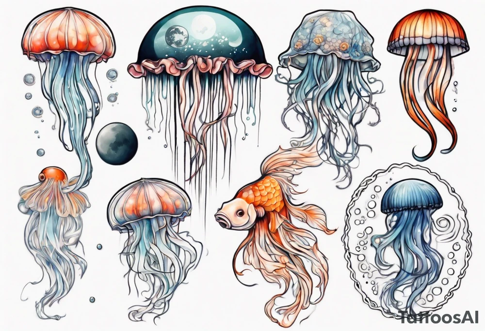 1 jellyfish with the moon in the lid. Then with mini koi carp and jellyfish swimming amongst the tentacles tattoo idea