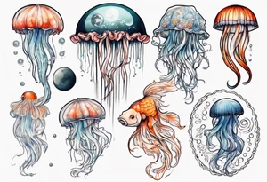 1 jellyfish with the moon in the lid. Then with mini koi carp and jellyfish swimming amongst the tentacles tattoo idea