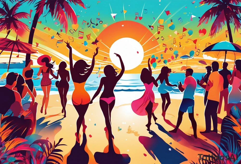 1960'S BEACH DANCE PARTY 
party, include confetti, music notes, 
, bikinis sunset in the center tattoo idea