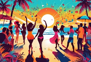1960'S BEACH DANCE PARTY 
party, include confetti, music notes, 
, bikinis sunset in the center tattoo idea