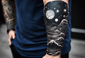 space themed arm sleeve. I want a feeling of being above it all. I like man on the move imagery inspired by kid cudi tattoo idea