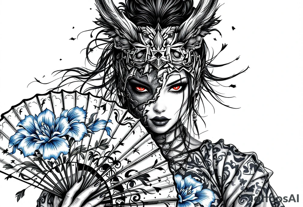Woman samurai with red eyes wearing an half and broken kitsune mask, holding a japanese fan with blue Iris flowers tattoo idea