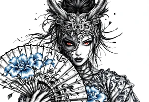 Woman samurai with red eyes wearing an half and broken kitsune mask, holding a japanese fan with blue Iris flowers tattoo idea