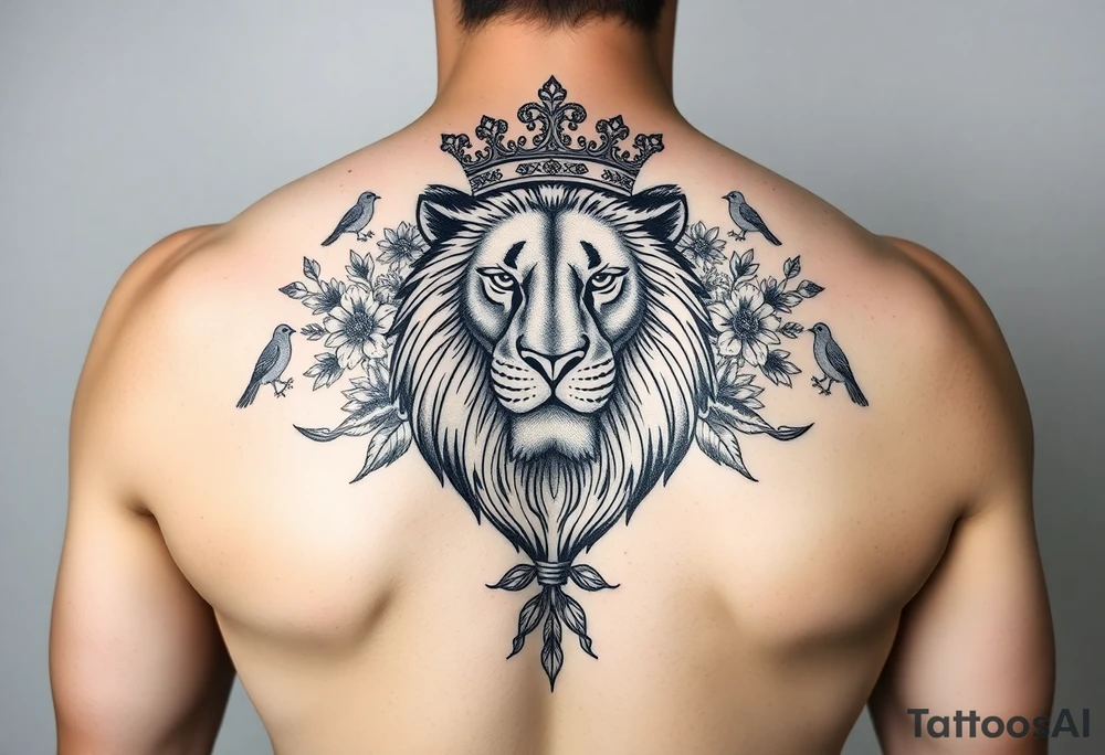 powerful majestic lion with a crown, surrounded by floral ornaments and birds tattoo idea