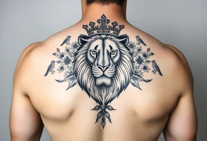 powerful majestic lion with a crown, surrounded by floral ornaments and birds tattoo idea