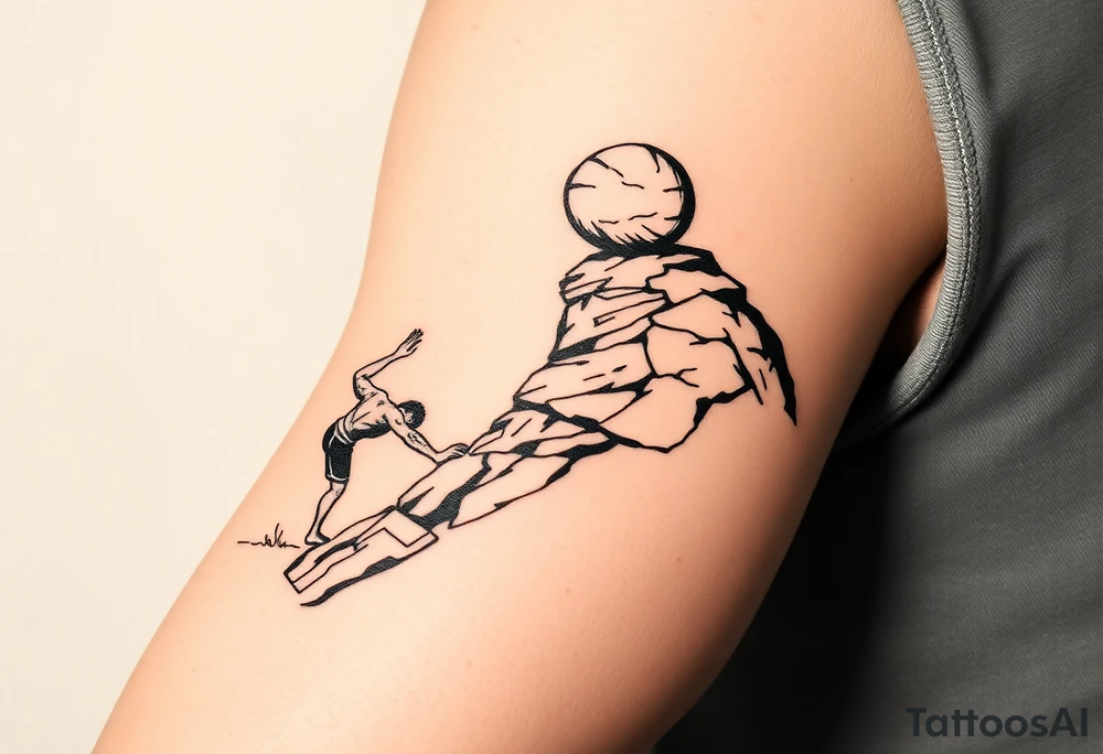 A man pushing a boulder up a spiraling hill going around my upper arm. I want the words “one must imagine Sisyphus happy” somewhere on my arm tattoo idea