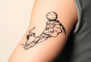 A man pushing a boulder up a spiraling hill going around my upper arm. I want the words “one must imagine Sisyphus happy” somewhere on my arm tattoo idea