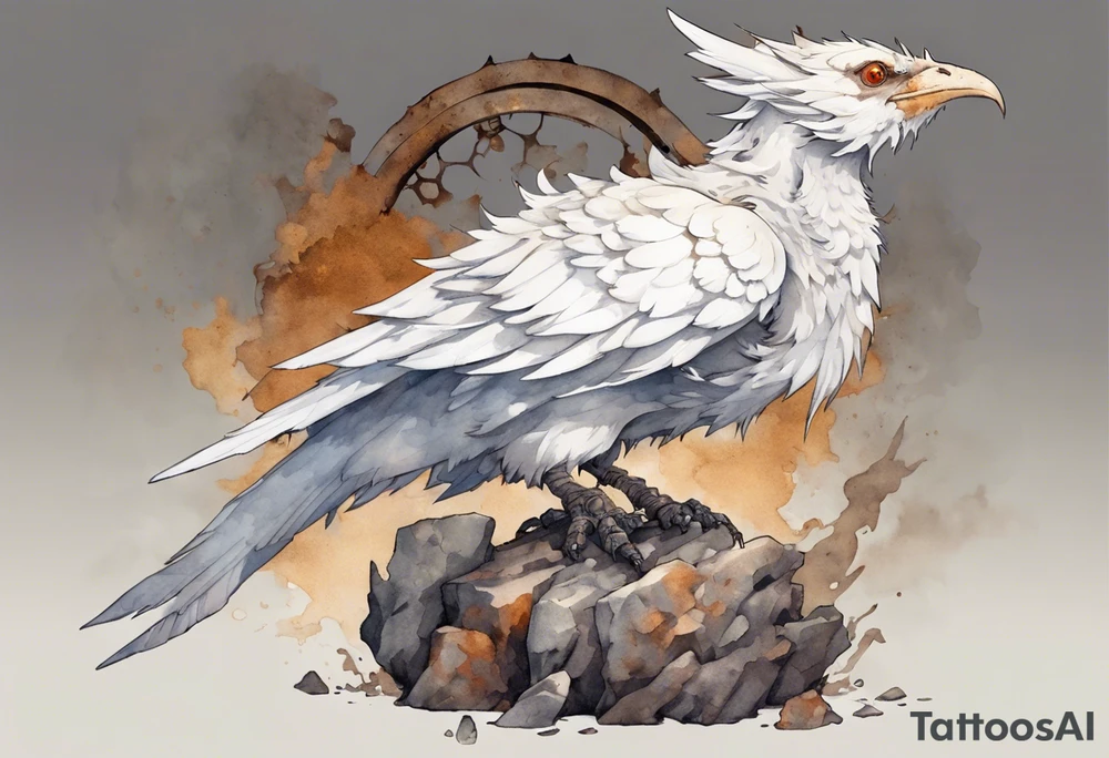 a white bird-wyvern hybrid, wearing a rusted iron crown, perched on a stone tattoo idea