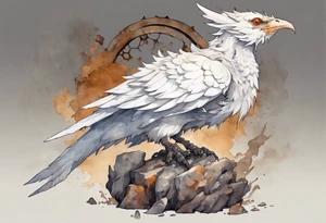 a white bird-wyvern hybrid, wearing a rusted iron crown, perched on a stone tattoo idea