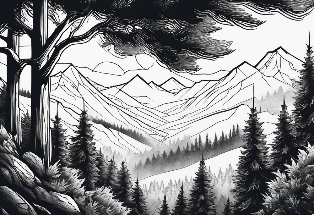 forest along the edges where the fires below and in the distance tattoo idea