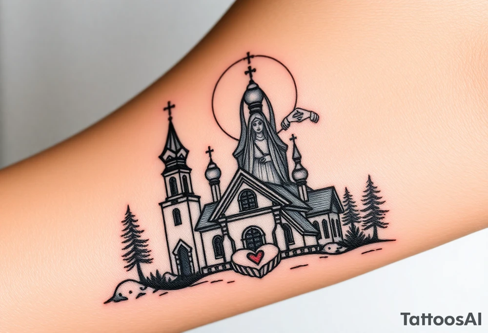 Russian Orthodox church with orthodox spire crosses in a mountainous village setting, with a holy glow around the church, and a virgin mary sat seperately above looking over hands on heart sat above tattoo idea