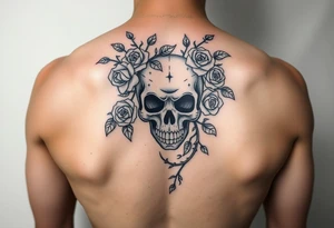 gothic skull intertwined with climbing roses and thorny vines tattoo idea