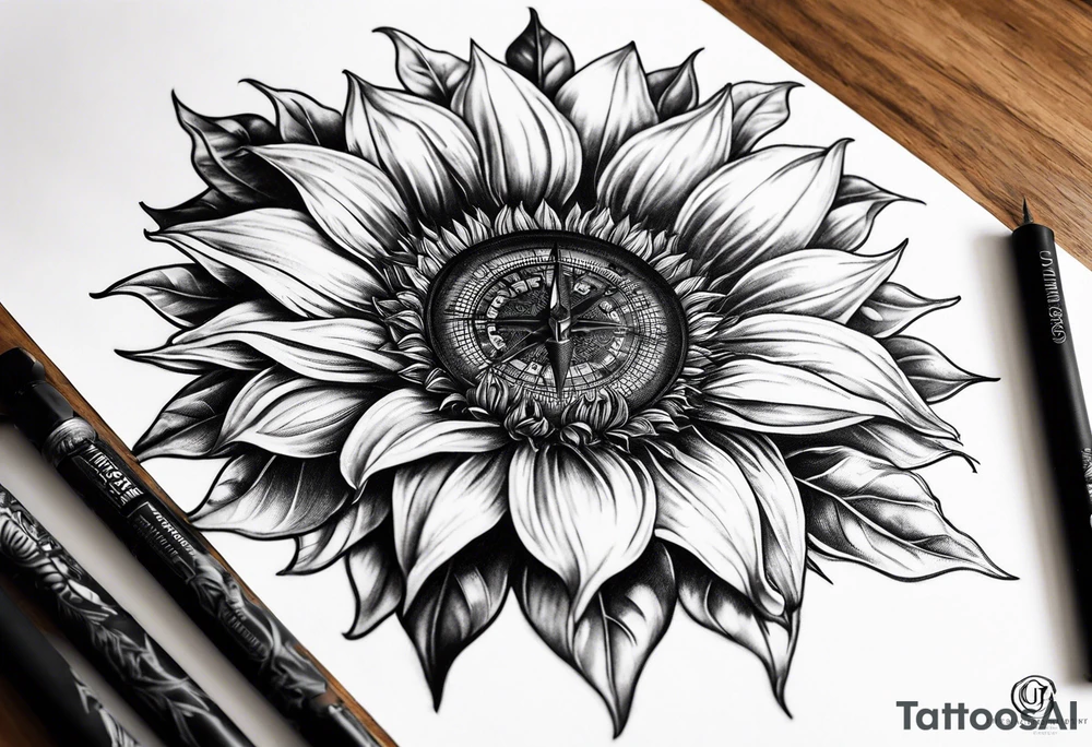 Sunflower next to a compass tattoo idea