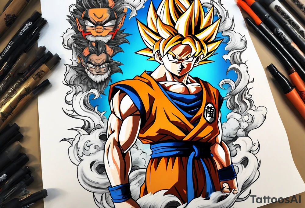 little Son-Goku in the foreground and an older version of him as a super sayin behind him tattoo idea