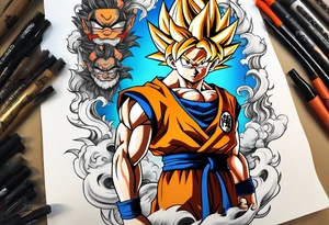 little Son-Goku in the foreground and an older version of him as a super sayin behind him tattoo idea