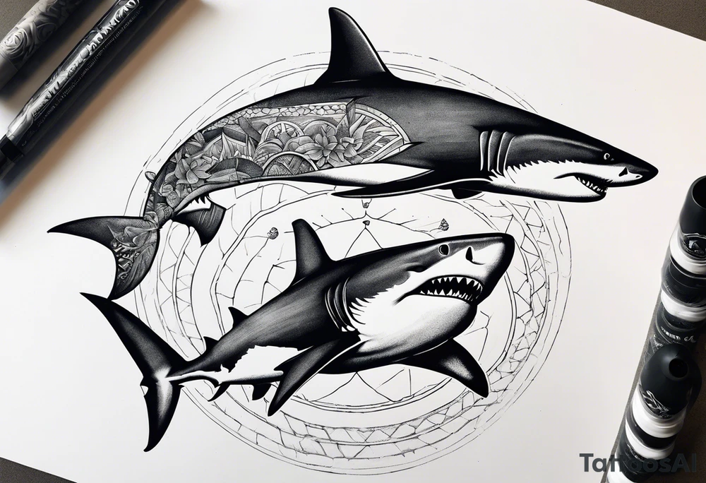 2 nautical style sharks wrapped around the knee in a circular pattern no background tattoo idea