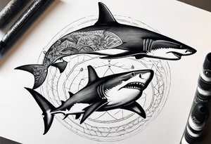 2 nautical style sharks wrapped around the knee in a circular pattern no background tattoo idea
