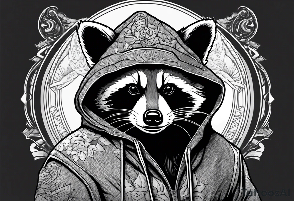 raccoon wearing a Superman hoodie tattoo idea