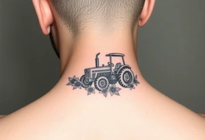 Dainty behind the ear tractor tattoo surrounded with flowers about the size of a quarter tattoo idea