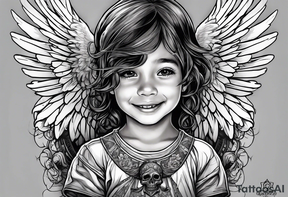 Kid smiling looking up at angel of death tattoo idea