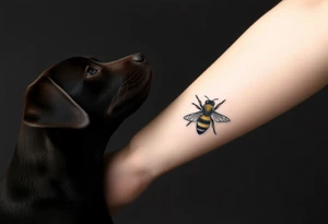 brown lab looking up at a bumble bee like it’s almost about to sniff it but they’re not touching. all black ink and fine line tattoo idea