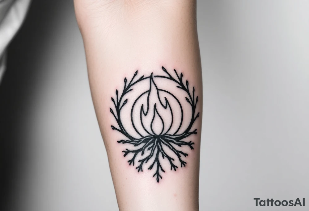 a round flame imprisoned in a roots circle tattoo idea