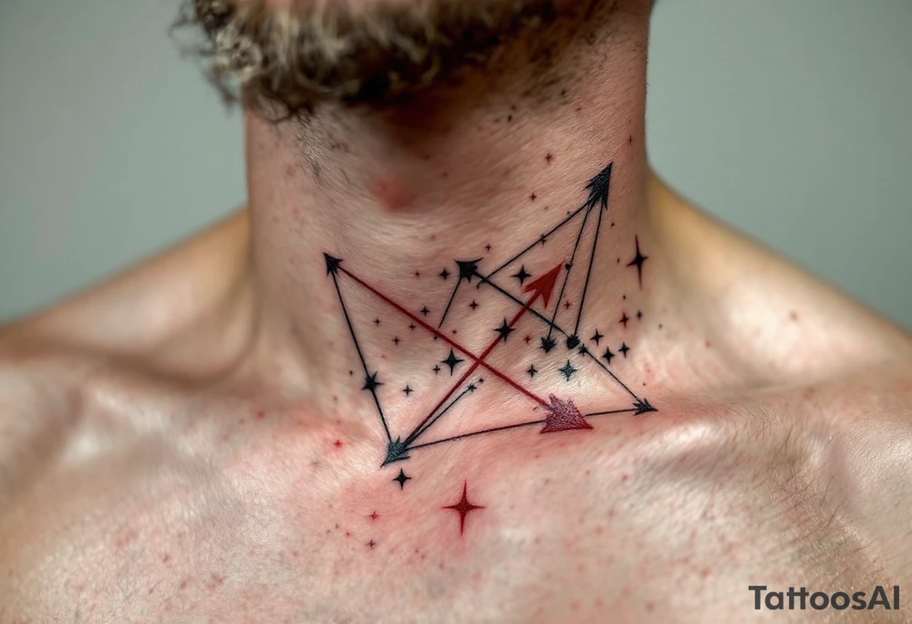 A fine-line Sagittarius constellation tattoo with a bold red arrow shooting across the stars on the ribcage. tattoo idea