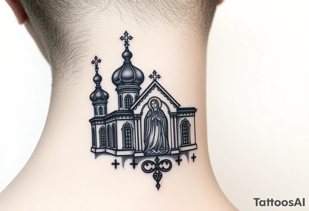 medium traditional russian orthodox church with russian coat arms and virgin mary on the side of the neck tattoo idea