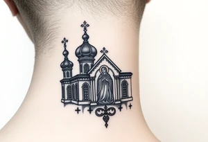 medium traditional russian orthodox church with russian coat arms and virgin mary on the side of the neck tattoo idea