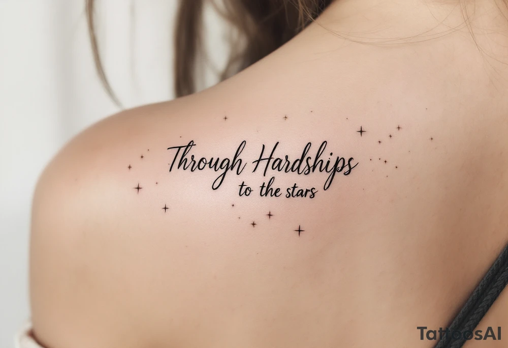 A minimal black line script of the english phrase “Through Hardships to the stars” is paired with tiny gold stars scattered along the collarbone. tattoo idea