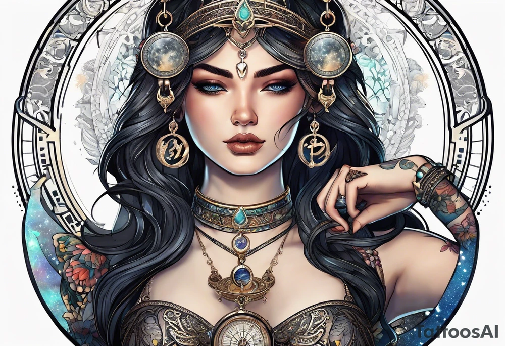 Libra woman holding scales with a night zodiac background including a half moon that encircles half of the woman tattoo idea