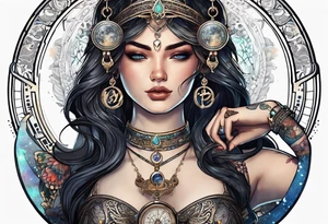Libra woman holding scales with a night zodiac background including a half moon that encircles half of the woman tattoo idea