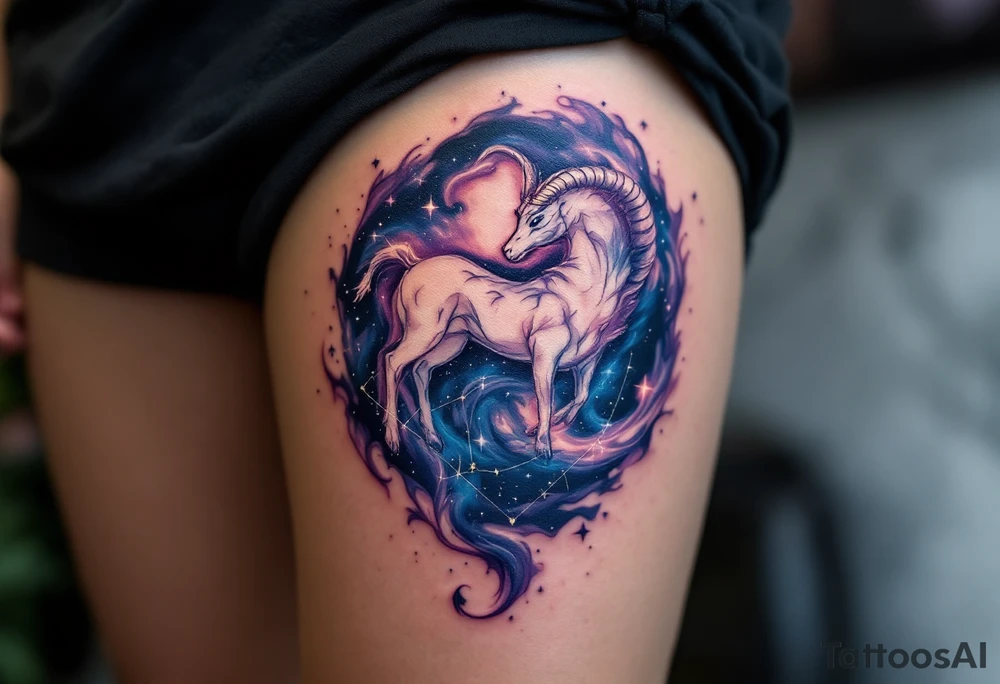 A swirling galaxy of violet and navy envelops the Capricorn constellation in this magical design. tattoo idea