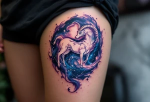 A swirling galaxy of violet and navy envelops the Capricorn constellation in this magical design. tattoo idea