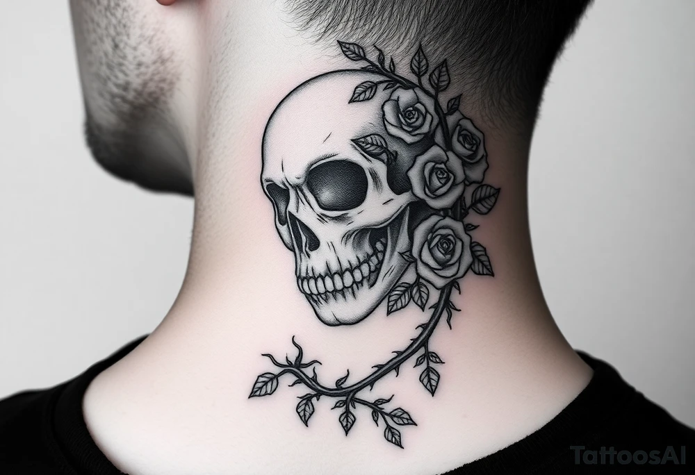 gothic skull intertwined with climbing roses and thorny vines tattoo idea